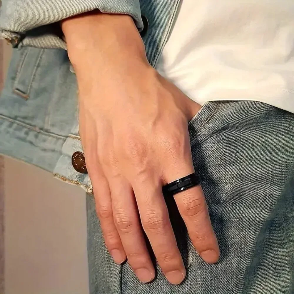 Titanium Matte Black Men's Statement Ring Beveled with Brushed Finished Center